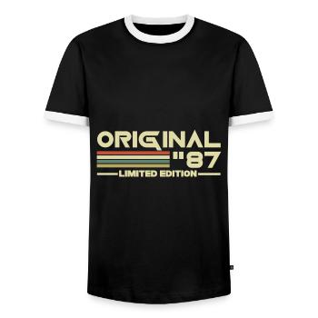 1987 - Männer Kontrast-T-Shirt - Schwarz/Weiß - Vorne - AI Model Female 172 light (172cm) & AI Model Male 178 light (178cm)