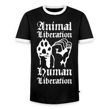 Animal Liberation Human Liberation - Männer Kontrast-T-Shirt - Schwarz/Weiß - Vorne - AI Model Female 172 light (172cm) & AI Model Male 178 light (178cm)