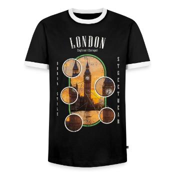 London England UK City Skyline Streetwear - Men's Ringer Shirt - black/white - Front - AI Model Female 172 light (172cm) & AI Model Male 178 light (178cm)
