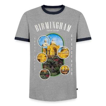 Birmingham England UK City Skyline Home Love - Men's Ringer Shirt - grey/navy  - Front - AI Model Female 172 light (172cm) & AI Model Male 178 light (178cm)