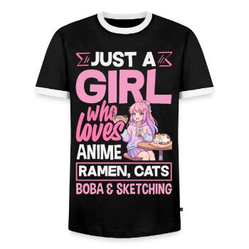 Anime Girl Ramen Cats Boba Drawing - Men's Ringer Shirt - black/white - Front - AI Model Female 172 light (172cm) & AI Model Male 178 light (178cm)