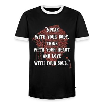 Native American Day Feather Headdress and Quote - Men's Ringer Shirt - black/white - Front - AI Model Female 172 light (172cm) & AI Model Male 178 light (178cm)