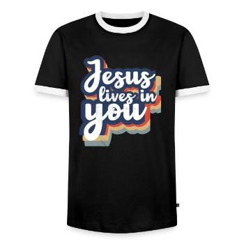 Jésus vit en toi Bible chrétienne - T-shirt contrasté Homme - noir/blanc - Devant - AI Model Female 172 light (172cm) & AI Model Male 178 light (178cm)
