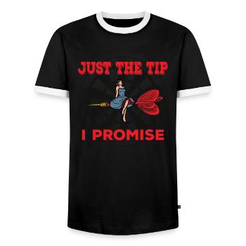 Darts Funny Just the Tip I Promise Darts Player - Men's Ringer Shirt - black/white - Front - AI Model Female 172 light (172cm) & AI Model Male 178 light (178cm)