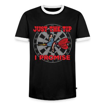 Darts Funny Just the Tip I Promise Darts Player - Men's Ringer Shirt - black/white - Front - AI Model Female 172 light (172cm) & AI Model Male 178 light (178cm)