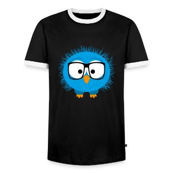 Disheveled comical bird with glasses, blue - Men's Ringer Shirt - black/white - Front - AI Model Female 172 light (172cm) & AI Model Male 178 light (178cm)