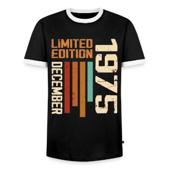 December 1975 - 1975 December - Men's Ringer Shirt - black/white - Front - AI Model Female 172 light (172cm) & AI Model Male 178 light (178cm)