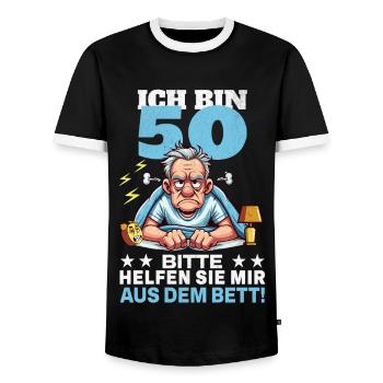 ICH BIN 50 BITTE HELFEN SIE MIR AUS DEM BETT - Männer Kontrast-T-Shirt - Schwarz/Weiß - Vorne - AI Model Female 172 light (172cm) & AI Model Male 178 light (178cm)