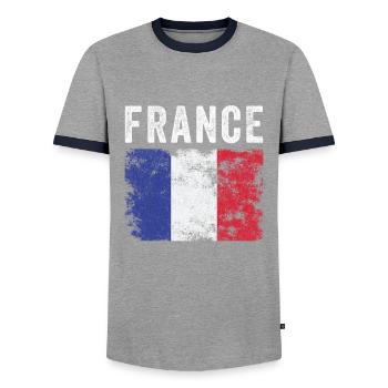 France Flag Distressed - Drapeau Français - T-shirt contrasté Homme - gris/marine  - Devant - AI Model Female 172 light (172cm) & AI Model Male 178 light (178cm)