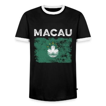 Macau Flag Distressed - Macanese Flag - Men's Ringer Shirt - black/white - Front - AI Model Female 172 light (172cm) & AI Model Male 178 light (178cm)