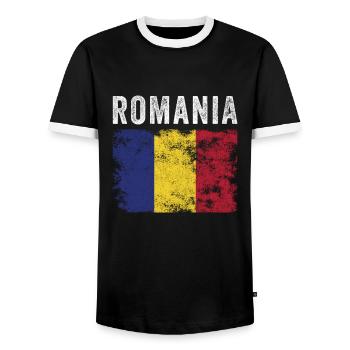 Romania Flag Distressed - Romanian Flag - Men's Ringer Shirt - black/white - Front - AI Model Female 172 light (172cm) & AI Model Male 178 light (178cm)