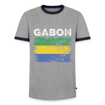 Gabon Flag Distressed - Gabonese Flag - Men's Ringer Shirt - grey/navy  - Front - AI Model Female 172 light (172cm) & AI Model Male 178 light (178cm)