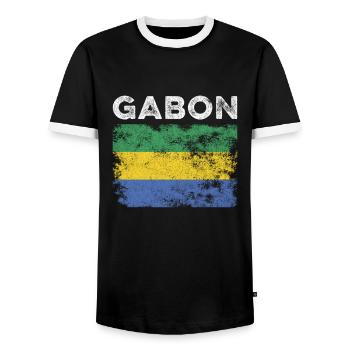 Gabon Flag Distressed - Gabonese Flag - Men's Ringer Shirt - black/white - Front - AI Model Female 172 light (172cm) & AI Model Male 178 light (178cm)