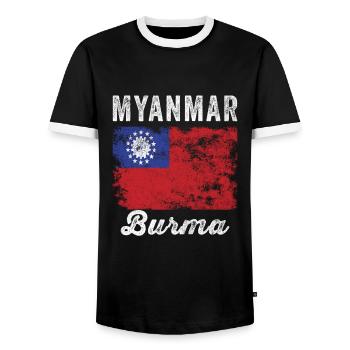 Myanmar Flag Distressed - Burmese Flag - Men's Ringer Shirt - black/white - Front - AI Model Female 172 light (172cm) & AI Model Male 178 light (178cm)