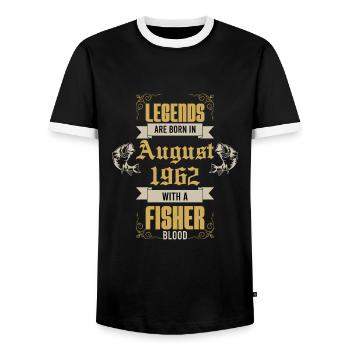 August 1962 - 61st birthday gift. Angler. - Men's Ringer Shirt - black/white - Front - AI Model Female 172 light (172cm) & AI Model Male 178 light (178cm)