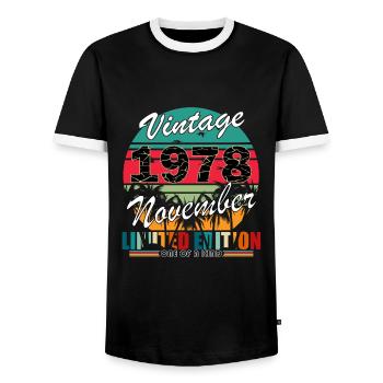 45. Geburtstag Jahrgang november 1978 Original 197 - Männer Kontrast-T-Shirt - Schwarz/Weiß - Vorne - AI Model Female 172 light (172cm) & AI Model Male 178 light (178cm)