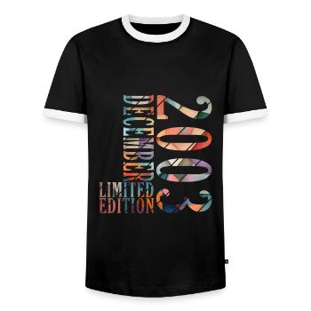 20. Geburtstag Jahrgang Dezember 2003 Original 200 - Männer Kontrast-T-Shirt - Schwarz/Weiß - Vorne - AI Model Female 172 light (172cm) & AI Model Male 178 light (178cm)