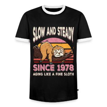 Sloth Birthday 1978 Born 1978 - Men's Ringer Shirt - black/white - Front - AI Model Female 172 light (172cm) & AI Model Male 178 light (178cm)