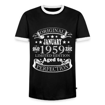65th birthday 65 years January 1959 - Men's Ringer Shirt - black/white - Front - AI Model Female 172 light (172cm) & AI Model Male 178 light (178cm)