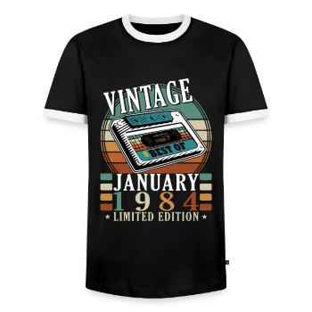 January 1984 | January 1984 Jubilee 1984 - Men's Ringer Shirt - black/white - Front - AI Model Female 172 light (172cm) & AI Model Male 178 light (178cm)