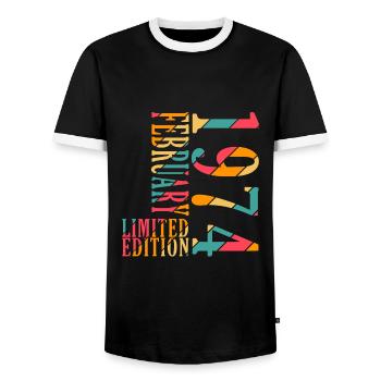 Jubilé février 1974. Don février 1974. - T-shirt contrasté Homme - noir/blanc - Devant - AI Model Female 172 light (172cm) & AI Model Male 178 light (178cm)