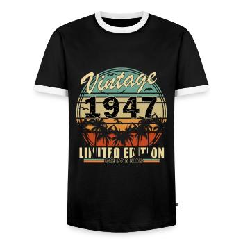 1947 - Jahrgang 1947 - Baujahr 1947 - Männer Kontrast-T-Shirt - Schwarz/Weiß - Vorne - AI Model Female 172 light (172cm) & AI Model Male 178 light (178cm)