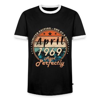 Avril 1969 Anniversaire Avril 1969 Avril - T-shirt contrasté Homme - noir/blanc - Devant - AI Model Female 172 light (172cm) & AI Model Male 178 light (178cm)