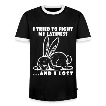 Lapin, Matin Grognon, Paresse, Se Détendre, Sommeil Paresseux - T-shirt contrasté Homme - noir/blanc - Devant - AI Model Female 172 light (172cm) & AI Model Male 178 light (178cm)