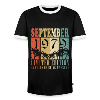 September 1979 - 45th Anniversary September - Men's Ringer Shirt - black/white - Front - AI Model Female 172 light (172cm) & AI Model Male 178 light (178cm)