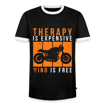 Motorcycle Therapy - Therapy is too expensive - Men's Ringer Shirt - black/white - Front - AI Model Female 172 light (172cm) & AI Model Male 178 light (178cm)