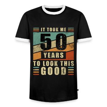 50 YEARS. 50th anniversary. BIRTHDAY 50 - Men's Ringer Shirt - black/white - Front - AI Model Female 172 light (172cm) & AI Model Male 178 light (178cm)