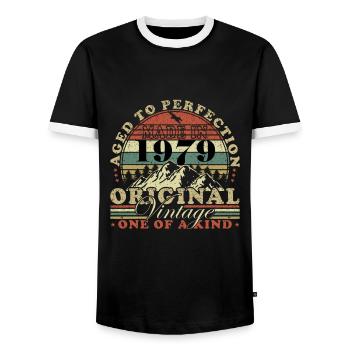 Made in 1979 Aged in perfection - Men's Ringer Shirt - black/white - Front - AI Model Female 172 light (172cm) & AI Model Male 178 light (178cm)