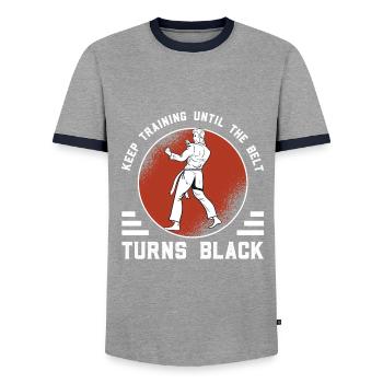 Karate Black Belt - Men's Ringer Shirt - grey/navy  - Front - AI Model Female 172 light (172cm) & AI Model Male 178 light (178cm)