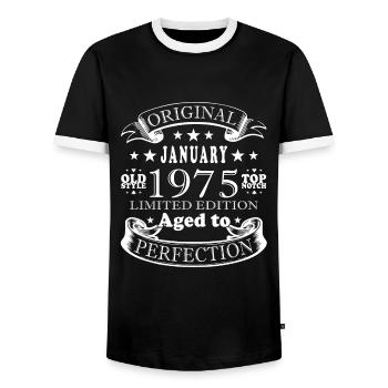 Anniversaire de Janvier 1975 - Janvier 1975, Janvier 1975 - T-shirt contrasté Homme - noir/blanc - Devant - AI Model Female 172 light (172cm) & AI Model Male 178 light (178cm)