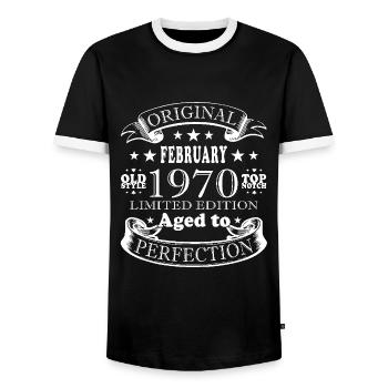 February 1970 55th Birthday Gift February 1970 - Men's Ringer Shirt - black/white - Front - AI Model Female 172 light (172cm) & AI Model Male 178 light (178cm)