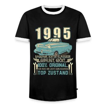 Baujahr 1995 Geboren, Geburtstag Jahrgang 1995 - Männer Kontrast-T-Shirt - Schwarz/Weiß - Vorne - AI Model Female 172 light (172cm) & AI Model Male 178 light (178cm)