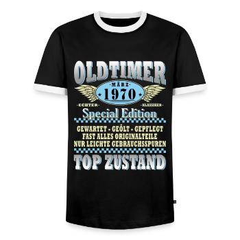 55. Geburtstag Oldtimer März Jahrgang 1970 - Männer Kontrast-T-Shirt - Schwarz/Weiß - Vorne - AI Model Female 172 light (172cm) & AI Model Male 178 light (178cm)