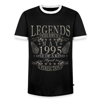 May 1995 Vintage May 1995 Anniversary - Men's Ringer Shirt - black/white - Front - AI Model Female 172 light (172cm) & AI Model Male 178 light (178cm)