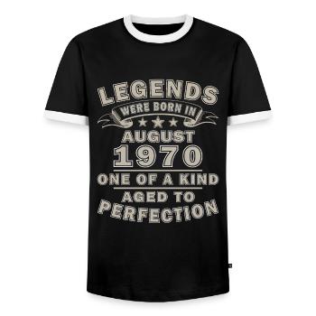 Août 1970 Anniversaire Août 1970 Millésime Août - T-shirt contrasté Homme - noir/blanc - Devant - AI Model Female 172 light (172cm) & AI Model Male 178 light (178cm)