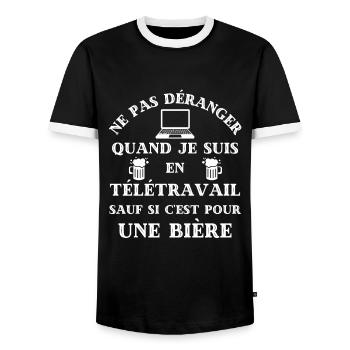 t shirt ne pas deranger teletravail biere humour - T-shirt contrasté Homme - noir/blanc - Devant - AI Model Female 172 light (172cm) & AI Model Male 178 light (178cm)