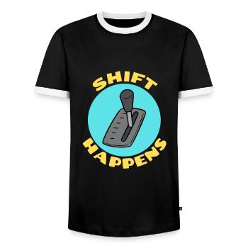 Shift Happens | Car Pun - Men's Ringer Shirt - black/white - Front - AI Model Female 172 light (172cm) & AI Model Male 178 light (178cm)