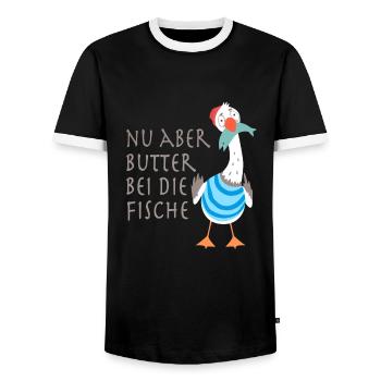 Nu aber Butter bei die Fische - Männer Kontrast-T-Shirt - Schwarz/Weiß - Vorne - AI Model Female 172 light (172cm) & AI Model Male 178 light (178cm)