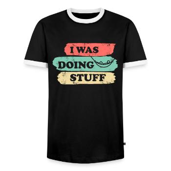 I was doing stuff - Hammock vintage - Men's Ringer Shirt - black/white - Front - AI Model Female 172 light (172cm) & AI Model Male 178 light (178cm)