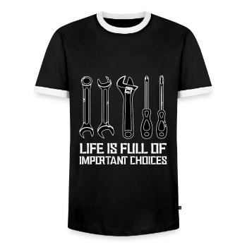 Funny Life Is Full Of Important Choices mechanic - T-shirt contrasté Homme - noir/blanc - Devant - AI Model Female 172 light (172cm) & AI Model Male 178 light (178cm)