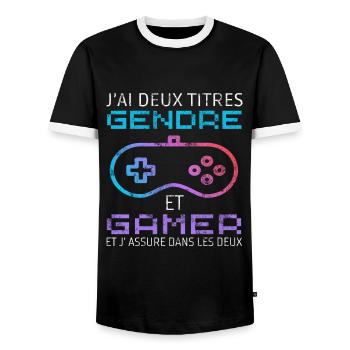 J' ai deux titres gendre et gamer humour gaming - T-shirt contrasté Homme - noir/blanc - Devant - AI Model Female 172 light (172cm) & AI Model Male 178 light (178cm)