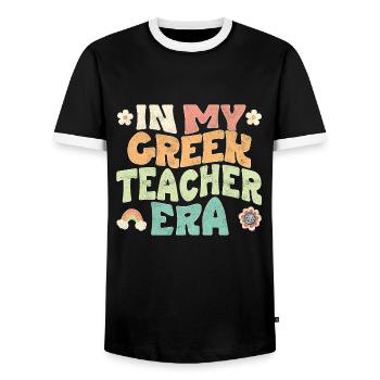 in my greek teacher era - Men's Ringer Shirt - black/white - Front - AI Model Female 172 light (172cm) & AI Model Male 178 light (178cm)