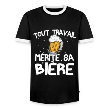 Tout travail mérite sa bière - T-shirt contrasté Homme - noir/blanc - Devant - AI Model Female 172 light (172cm) & AI Model Male 178 light (178cm)