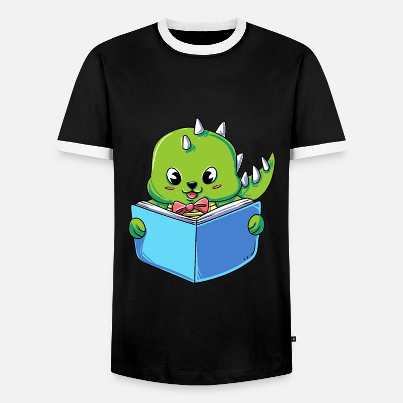 Dinosaur reading a book - Men's Ringer Shirt - black/white