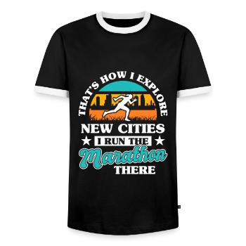 Marathon Competition Sport Ultramarathon Battle - Men's Ringer Shirt - black/white - Front - AI Model Female 172 light (172cm) & AI Model Male 178 light (178cm)