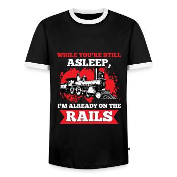 Railway Trainspotting Railway Engineer - Men's Ringer Shirt - black/white - Front - AI Model Female 172 light (172cm) & AI Model Male 178 light (178cm)